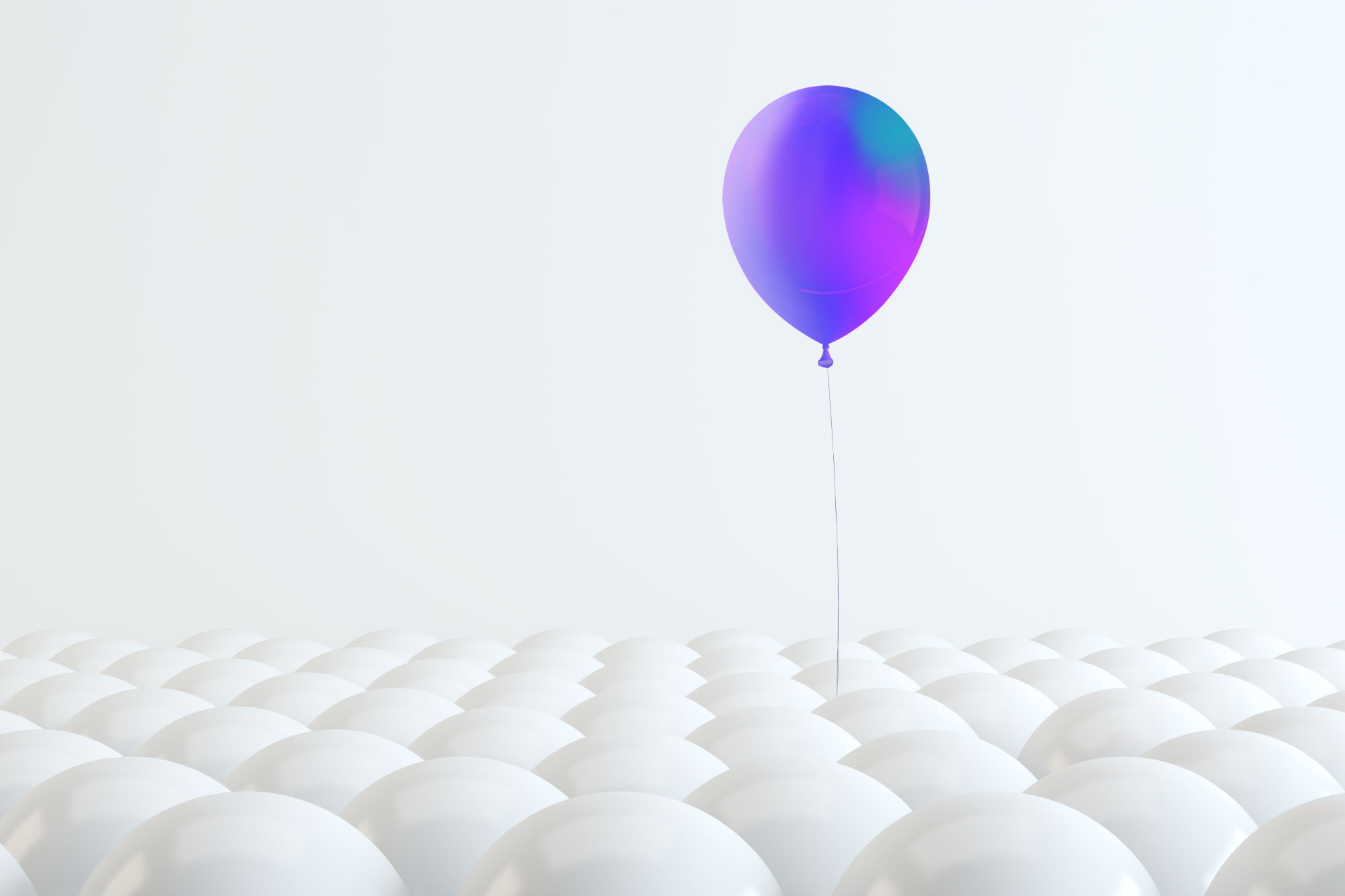 A purple balloon hovering above a lot of similar white balloons.